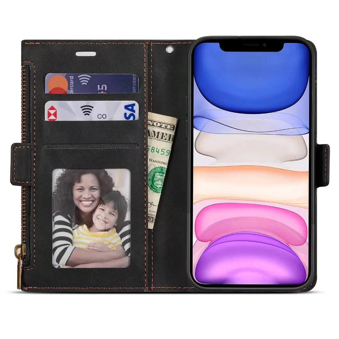 Zipper Flip Leather Wallet Case for iPhone