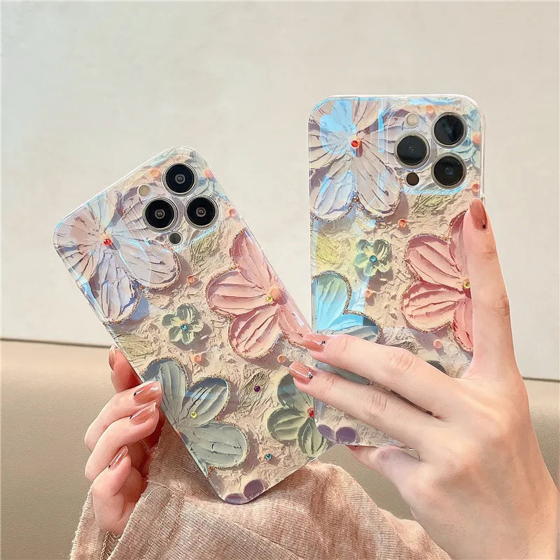 Glitter Painted Flowers Laser Case For iPhone - Premium Mobile Phone Cases from Dressmycell.com - Just $15! Shop now at Dressmycell.com
