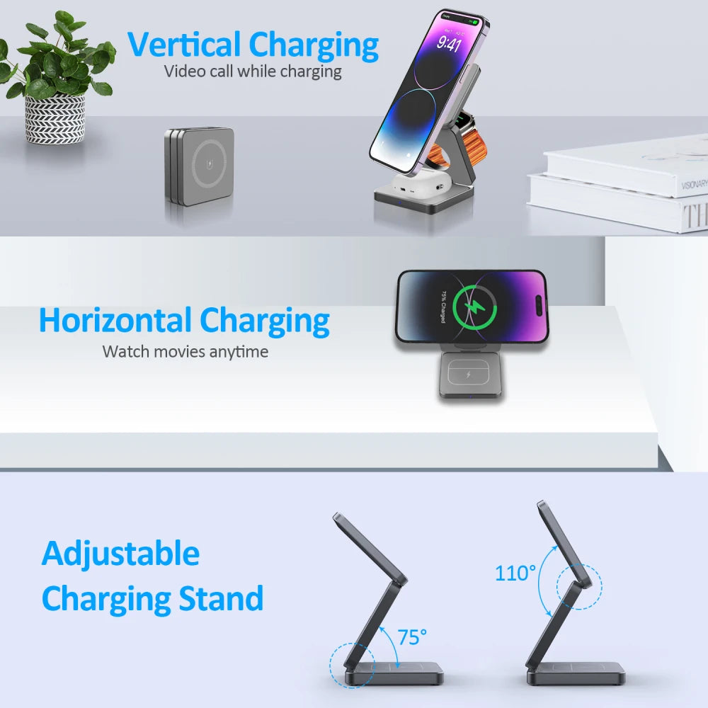 3 In 1 Foldable Fast Magnetic Wireless Charger Stand - Premium Chargers & Powerbanks from Dressmycell.com - Just $35! Shop now at Dressmycell.com