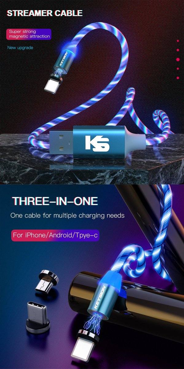 KEYSION Magnetic Cable Flowing Light LED Micro USB Cable - Premium Chargers & Powerbanks from Keysion - Just $13.00! Shop now at Dressmycell.com